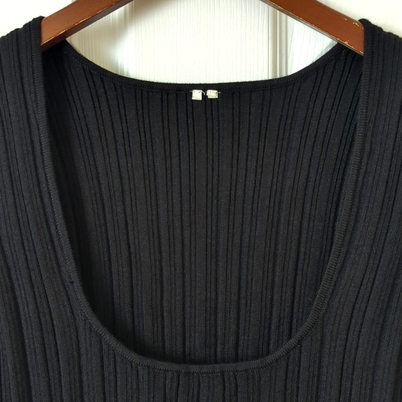 Anthropologie Ribbed Knit Scoop Neck Sheer Shimmer Puff Sleeve Sweater Black S - Picture 2 of 10